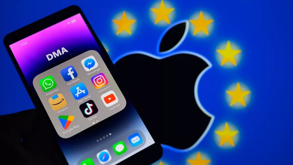 Drapeau européen, smartphone et logo d'Apple
